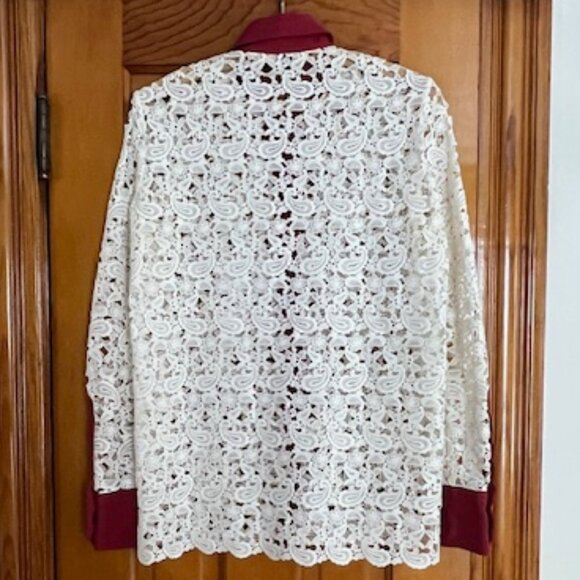Bally Woman's White Long Sleeve Lace Shirt w/ Red Trim Size 10 Made In Italy - Picture 4 of 14